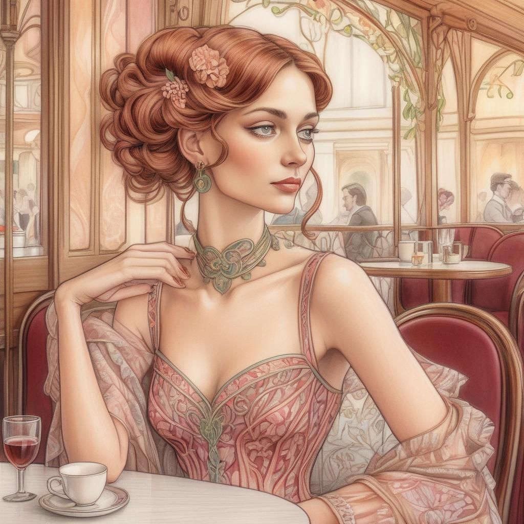  a decorative woman awaits her suitor in an art nouveau cafe setting.. colored pencil draw: art nouveau female portrait..