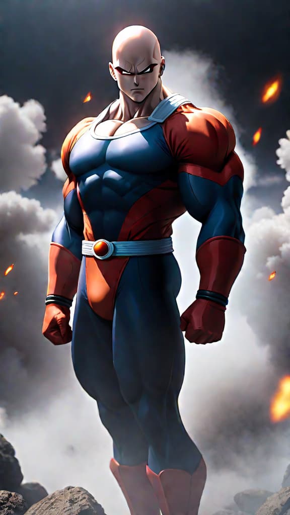  anime art: jiren's past trauma revealed through a mysterious silhouette, embodying the battle of justice in dragon ball. hyperrealistic, full body, detailed clothing, highly detailed, cinematic lighting, stunningly beautiful, intricate, sharp focus, f/1. 8, 85mm, (centered image composition), (professionally color graded), ((bright soft diffused light)), volumetric fog, trending on instagram, trending on tumblr, HDR 4K, 8K