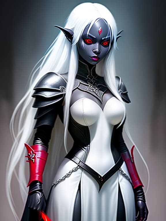  young beautiful drow woman. long white hair, white eyebrows, red eyes, black skin. tracker, dnd character. aristocratic facial features. dressed in light leather armor. two daggers. full height.