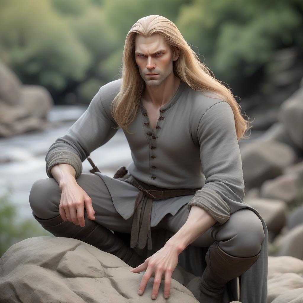  a stunningly handsome slender man in his thirties sits on a rock and looks at the river flowing below. he has long blond hair with a red tint, gray eyes, and a sly expression on his clean, unvegetated face. he is dressed in a ((medieval)) gray shirt and pants, and he has beautiful hands with long fingers.