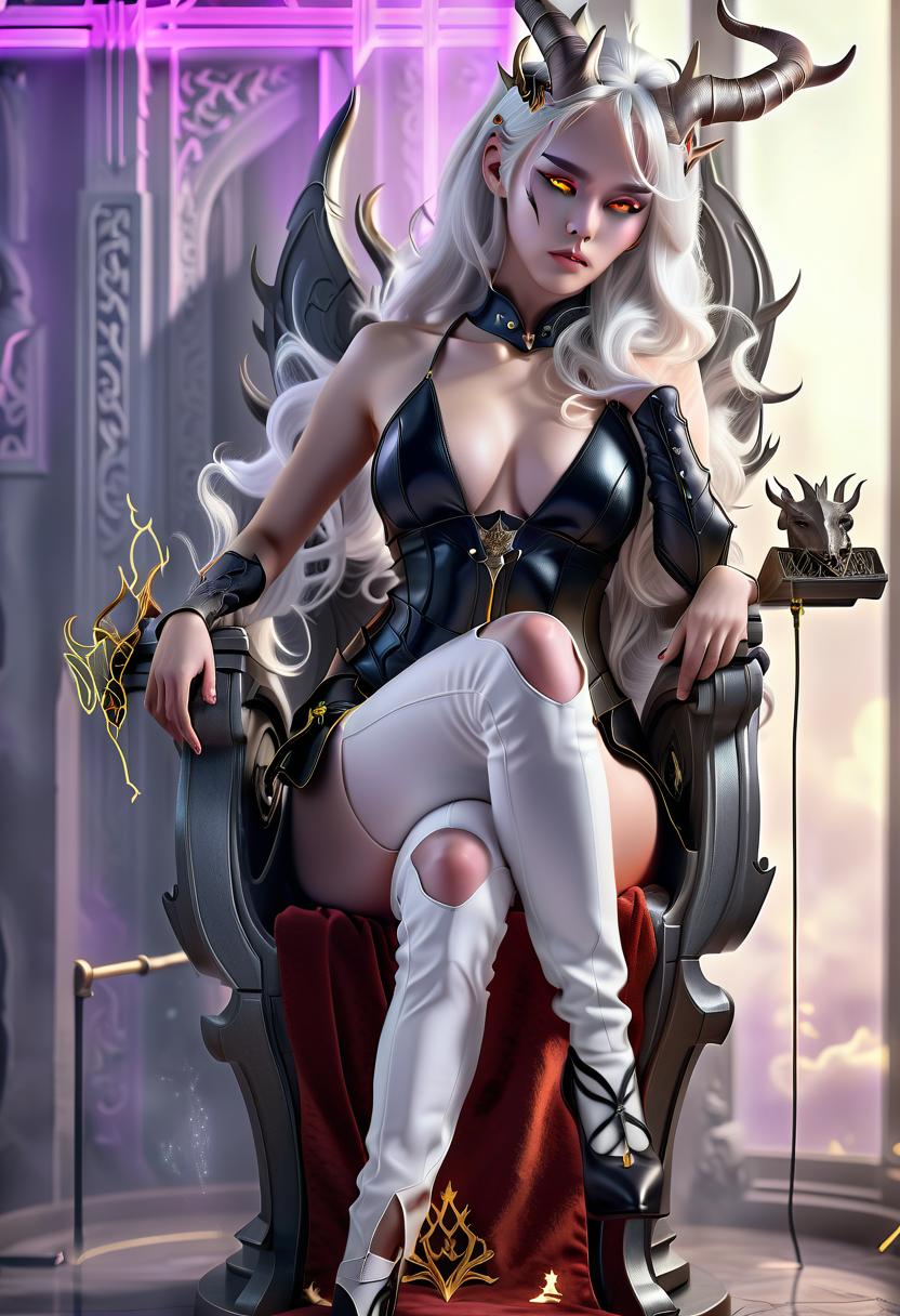  breathtaking a girl with horns sits on a throne, white hair. . award winning, professional, highly detailed, perfecteyes, glowneon, hkmagic