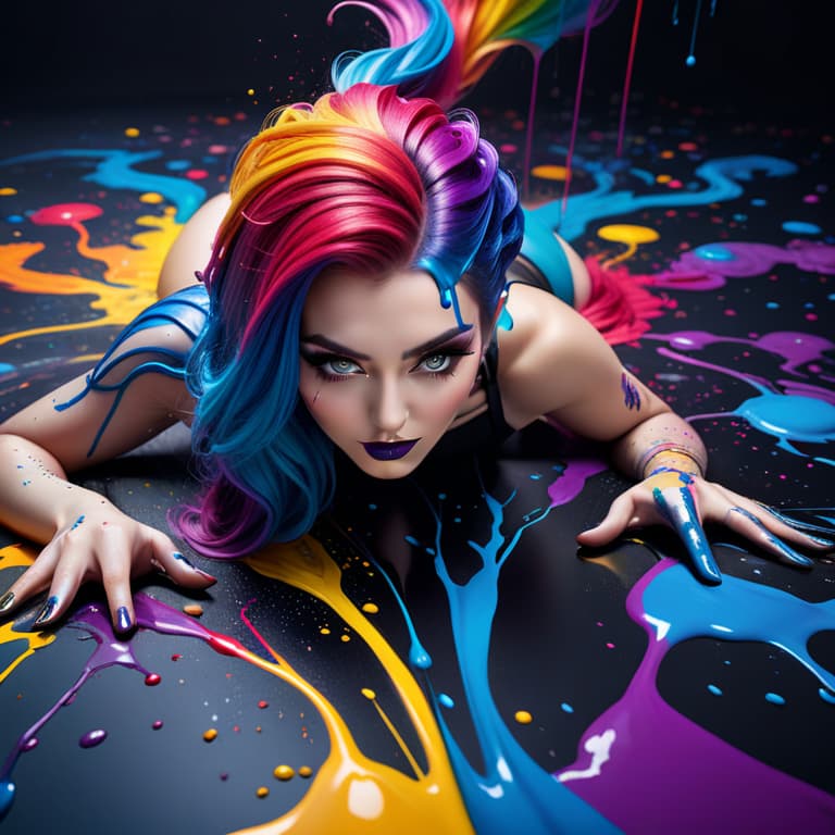  photo of a beautiful goth girl with thick flowing (liquid paint rainbow hair:1.1) laying on her back made of paint and defies gravity, from above, highly detailed, intricate, amazing, trending, paint splatter, paint drops <lora:sdxlpaintsplash:0.7> colorsplash 8k, high quality, photo hyperrealistic, full body, detailed clothing, highly detailed, cinematic lighting, stunningly beautiful, intricate, sharp focus, f/1. 8, 85mm, (centered image composition), (professionally color graded), ((bright soft diffused light)), volumetric fog, trending on instagram, trending on tumblr, HDR 4K, 8K