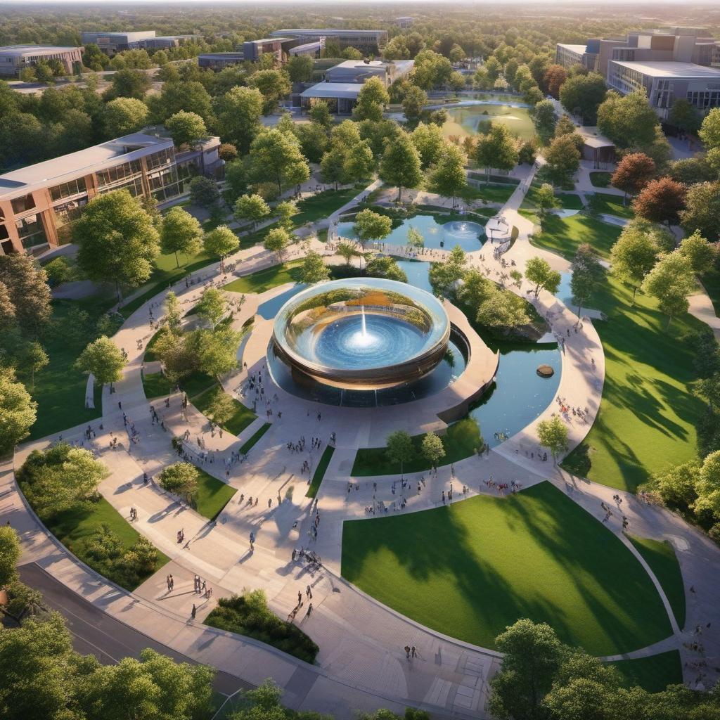  high school exterior aerial layout that’s cozy with inspiration for creativity. fountains, trees, picnic area, fountains, mystical style