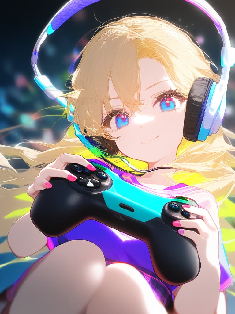  ,(1girl:1.5)(blond hair:2.0)( headphones🎧:2.0)(holding game controller🎮:2.0)( neon color:2.0)high quality,16k,cute face,neon blue eyes