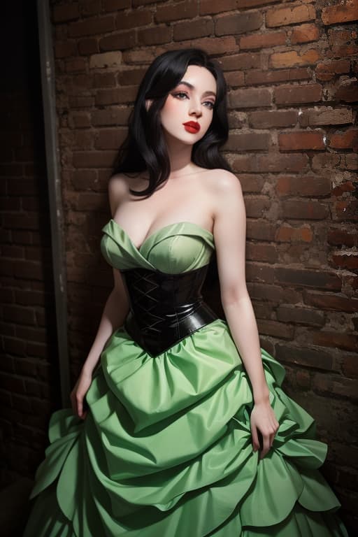  Marilyn Monroe long hair (pale skin) ((black hair)) ((green eyes)) vintage gown in a dungeon