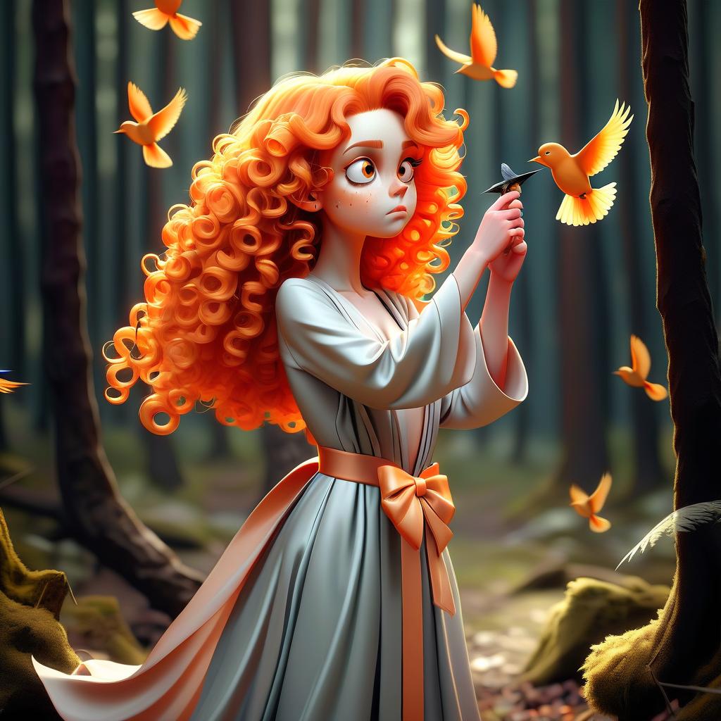  a girl with orange wavy curls of hair in crystal robes, full height in the forest with a bow shoots birds