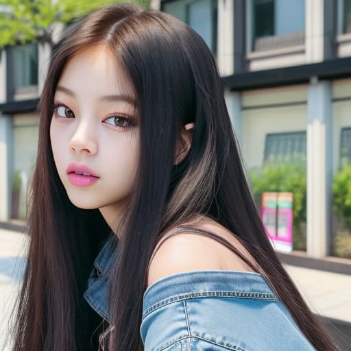  (--Style Photoralism) arafed asian woman with long hair and a denim dress posing for a picture, blackpink jennie, jossi of blackpink, blackpink, portrait jisoo blackpink, lalisa manoban of blackpink, korean idol, portrait of female korean idol, lalisa manobal, portrait of jossi of blackpink, jisoo of blackpink, korean kpop star, roseanne park of blackpink