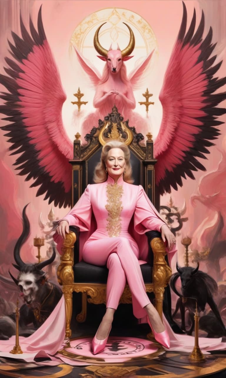  concept art color pink, white, black, gold meryl streep. devil . digital artwork, illustrative, painterly, matte painting, highly detailed, perfect hands