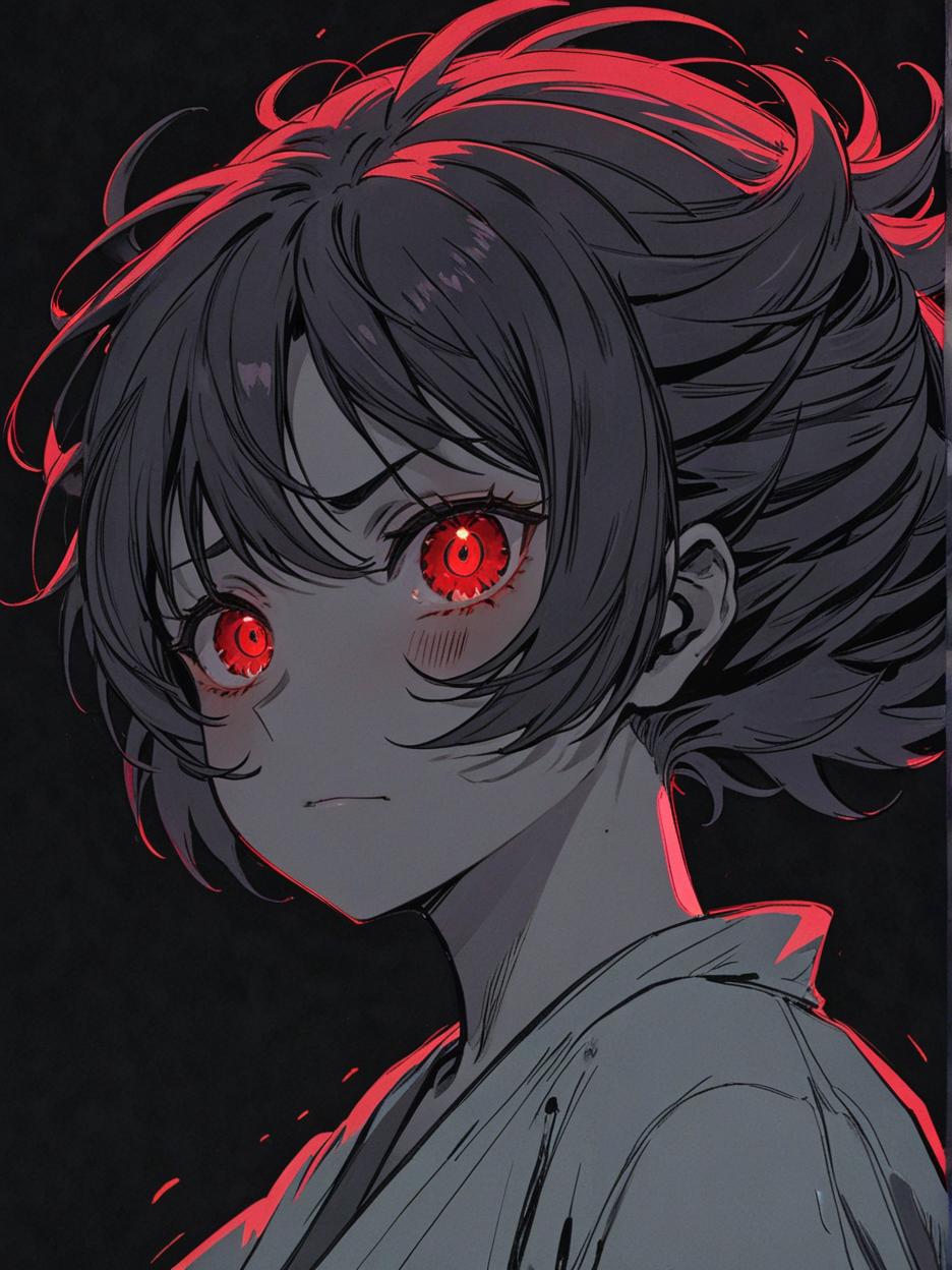  manga artwork create for me a character with anime manga art. gojo satoru woman version, red eyes, dark background. manga artist. manga, highly emotional. best quality, high resolution