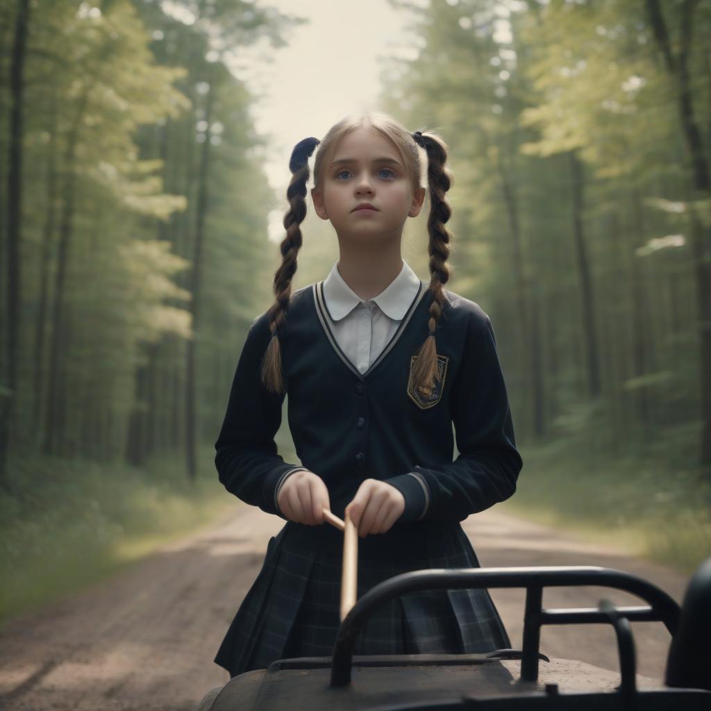  cinematic film still crazy schoolgirl flying with a beautiful face two pigtails in a black school uniform on a truck waving a magic wand, dirty forest road, summer, magic, photorealistic, 4k . shallow depth of field, vignette, highly detailed, high budget, bokeh, cinemascope, moody, epic, gorgeous, film grain, grainy