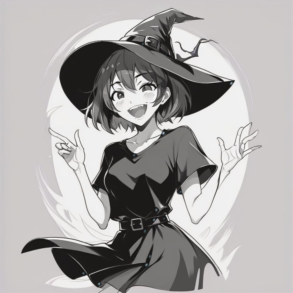  line art drawing girl in t shirt and black dress, with short hair, witch hat, laughing, same nightmare. anime style . professional, sleek, modern, minimalist, graphic, line art, vector graphics