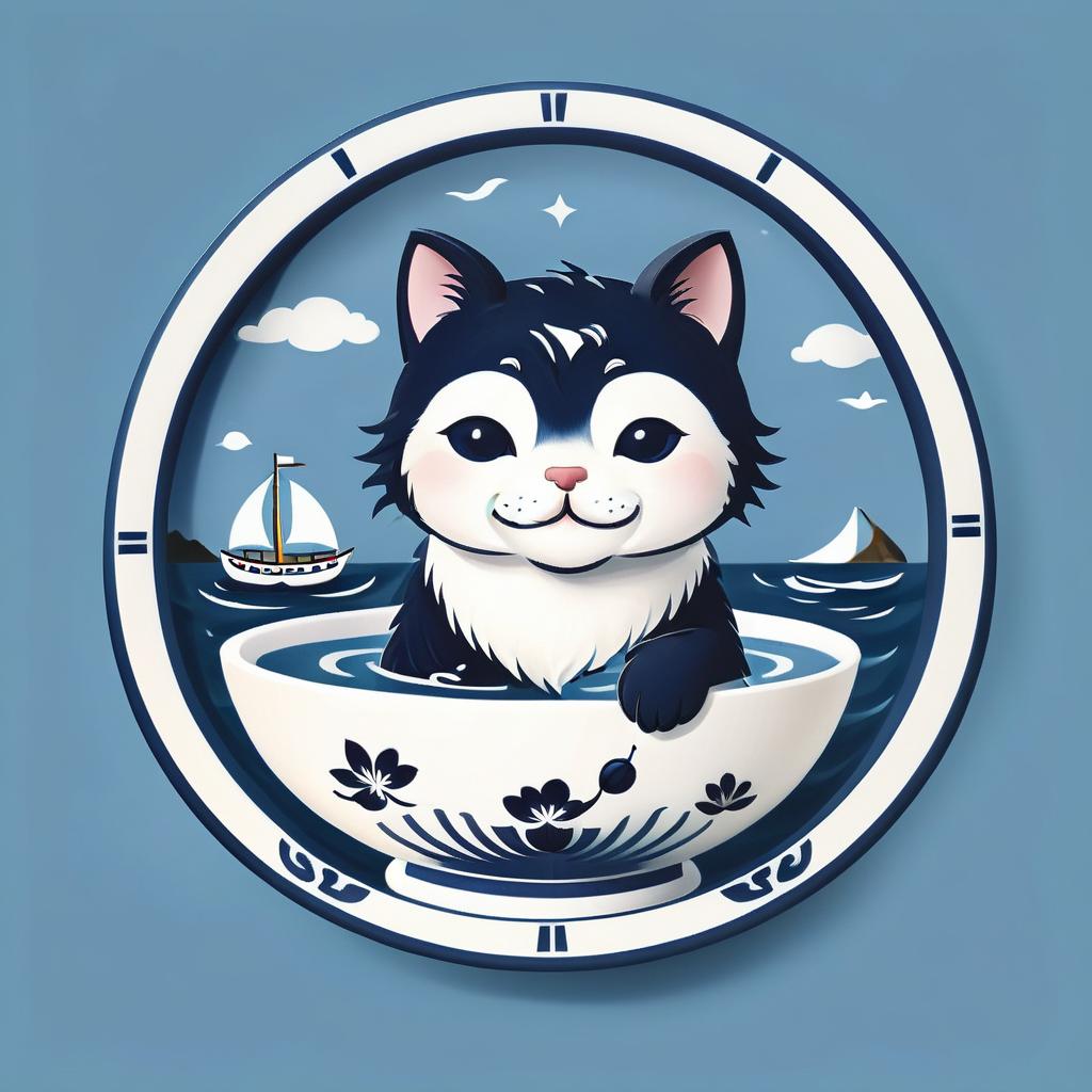  nautical themed draw a logo for a chinese teahouse using a picture of a bowl for tea, cat and sea . sea, ocean, ships, maritime, beach, marine life, highly detailed, logo