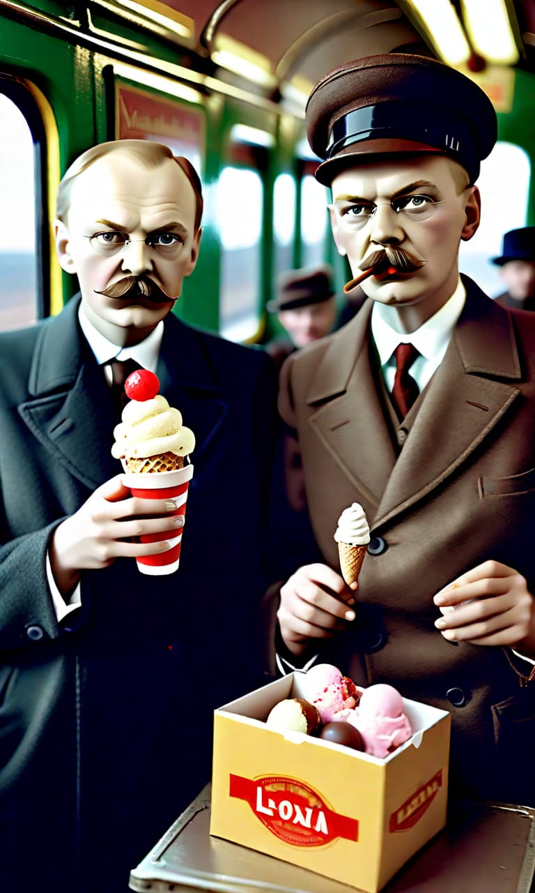  fashion editorial style trotsky and vladimir ilyich lenin in costumes of the early 20th century eat ice cream from boxes on the train. . high fashion, trendy, stylish, editorial, magazine style, professional, highly detailed