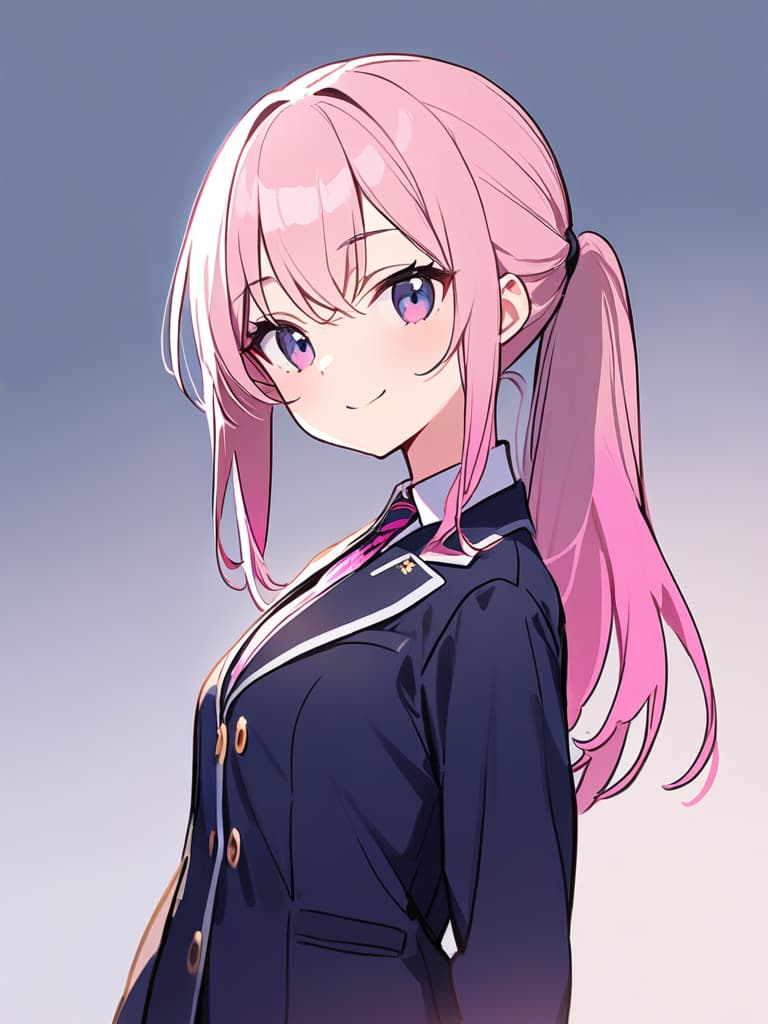  (beautiful girl:1.7)(high school student:1.5)(gold with pink gradient hair color:2.0)(ponytail:1.7)(wearing blazer uniform:1.7)(tie loosely tied:1.7)(strong smile:1.7)(cutting edge girl:1.7)(close up of upper body) masterpiece,high quality,16k,super analysis