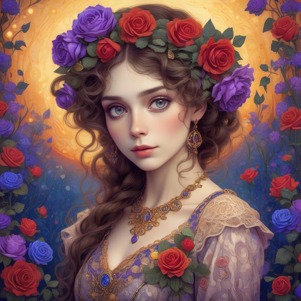  retro game art a close up full body portrait of an stylish beautiful woman dressed in klimt style with a beautiful and very detailed face,style of jean baptiste monge, van gogh style, so many kind of flowers ,roses, klimt style. sunset. background, masterpiece, use shades of purple , blue, red and green best quality, super detailed, high resolution, very detailed, 8k uhd, realistic, (natural light), amazing, fine details, best, high quality, raw photo. arte nova. ember filigree and lace. . 16 bit, vibrant colors, pixelated, nostalgic, charming, fun