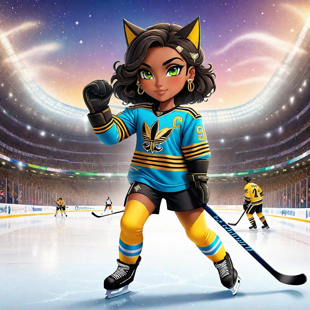  anime art very beautiful, female hockey player egyptian woman dark brown skin, has curly black/brown hair and bright green eyes. has septum piercing, golden arm band, beads and jewelry in hair, smells like chemicals, incense, cactus juice, sand, and coffee. has an egyptian cat tattoo on right calf, sandy cat ears and tailhockey player, on ice rink, hockey stick, blue and yellow jersey with stars, full body., award winning, professional, highly detailed, masterpiece