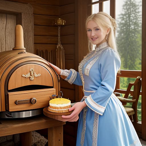  masterpiece, the best quality, a russian woman in traditional clothes prepares cakes in a stone oven, a very light smile, tense, piercing eyes, blue eyes, flowing blond hair, dressed in a traditional russian outfit, cooks in the open air, inside a wooden castle, against the background of an ancient russian throne room in a wooden castle, cartoon style, cute, modernism,