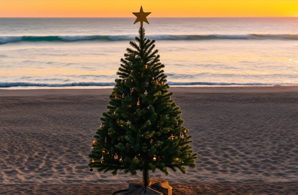  professional detailed photography, christmas tree decorated on the seashore at sunset ar 3:2, (muted colors, dim colors, soothing tones), (vsco:0.3)