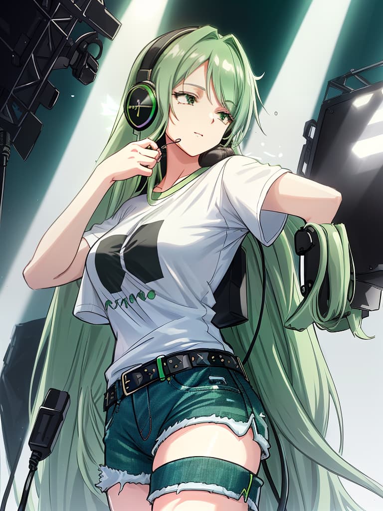  (white background:1.3),(extremely detailed fine touch:1.3),(hard light,studio light,light rays,dappled light,reflection,shadows,ray tracing:1.0),///,,(((green very long hair:1.3))),headphone,forehead,having a bird's eye view,anime style,super fine ilration,highly detailed,dynamic angle,beautiful detailed,8k,on stage break a woman,(((headphone:1.3))),on both ,strumming an electric guitar. she arches her back,closes her eyes and looks joyful. break a spotlight shines on her,(t shirt:1.3),(denim shorts:1.3),(black les paul custom:1.3)