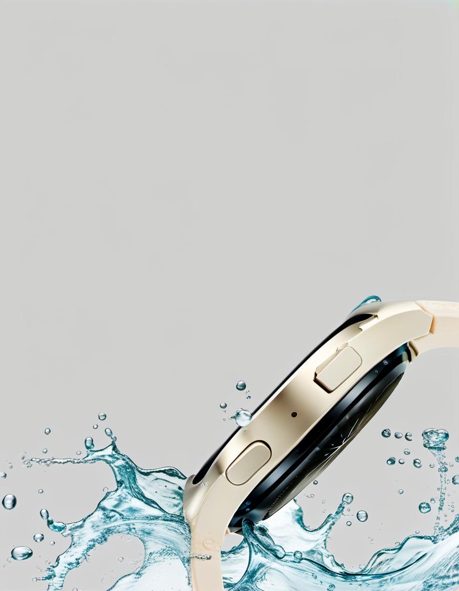  smart watch sideways, around a splash of water, film photography style