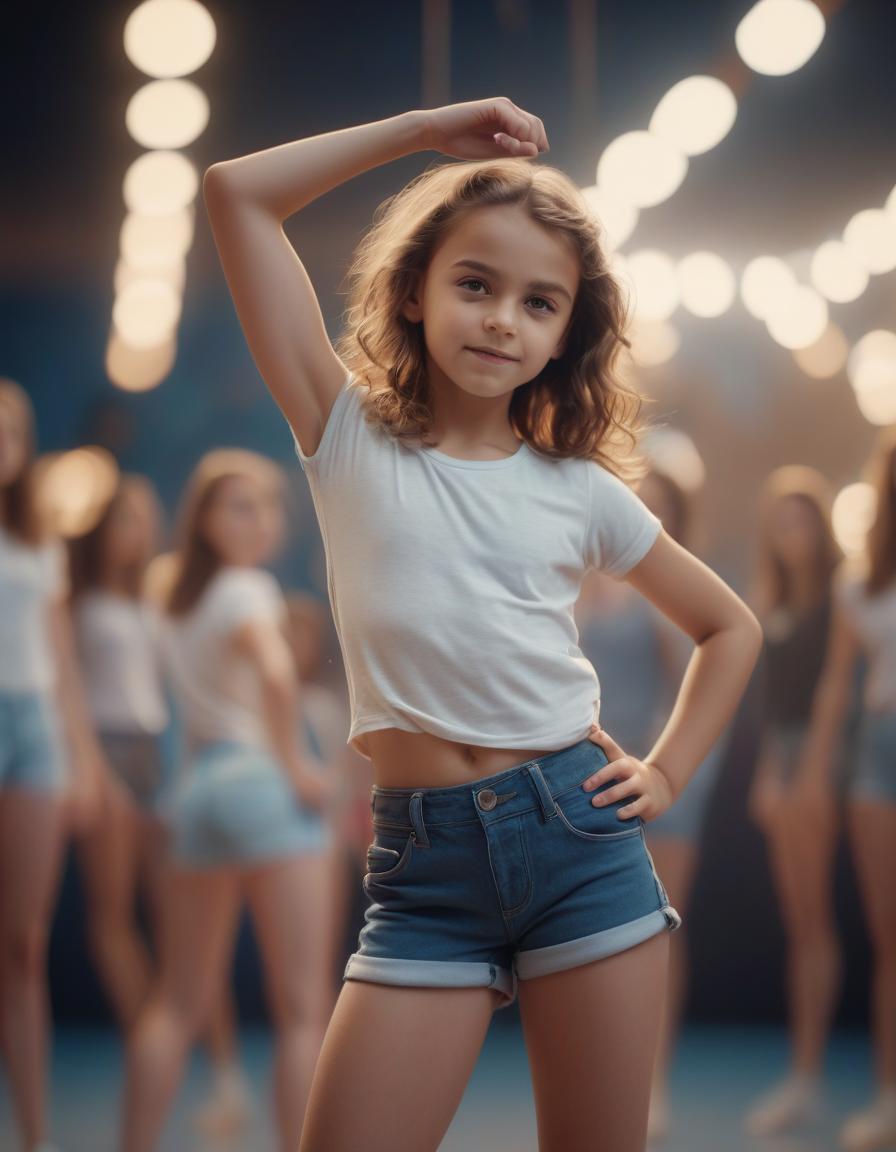  cinematic photo a cute girl in shorts stands in a dance position . 35mm photograph, film, bokeh, professional, 4k, highly detailed