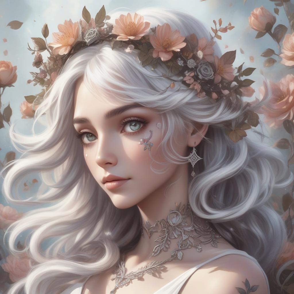  a fantasy illustration of a woman with floral adornments and wavy silver hair, exuding a magical, ethereal aura. a photorealistic portrait of a woman with silver hair and a delicate flower crown adorned with small, intricate gears. her eyes are a deep brown, and her skin is flawless, with a hint of blush on her cheeks. she has a small, delicate tattoo of a flower on her cheek. she is wearing a simple, elegant white dress