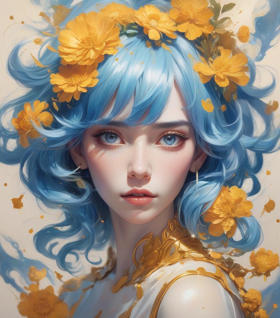  a painting of a woman with blue hair, marigold celestial vibe, :: rossdraws, blue and gold color scheme, within radiate connection, glowing aesthetic, golden taurus, suns, looking to stars, very anime, bright:. hyperrealism mixed with 2d, bold colors, stylized portraits, famous faces, pop art still life, pop art landscapes. delicate face, facial details, confident soft impressionist perfect composition, sharp, perfect eyes. jamuary 21 = drawing + romanticism + abstract art. drawing by michael ayrton, fusion of [romanticism | abstract art by alberto seveso] digitally enhanced cinematic pencil sketch manifesting intense emotion. an image must have a mysterious look and incredible masterpiece quality it must be in high resolution (8k) w