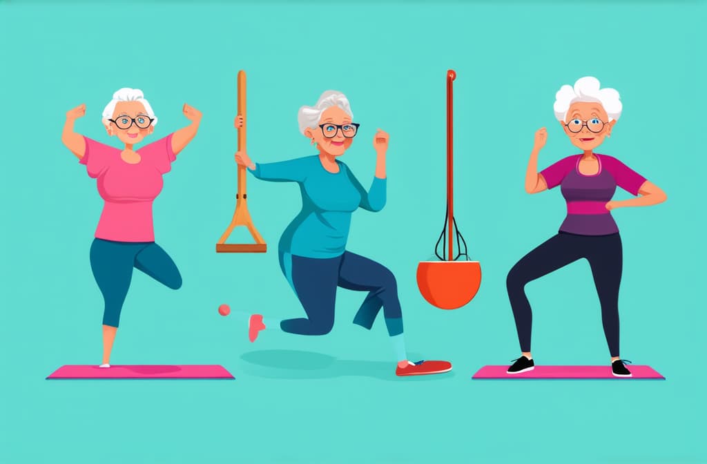  elderly people cartoon characters doing sports, practicing yoga, enjoying aerobics and gymnastics. flat illustration ar 3:2 {prompt}, maximum details