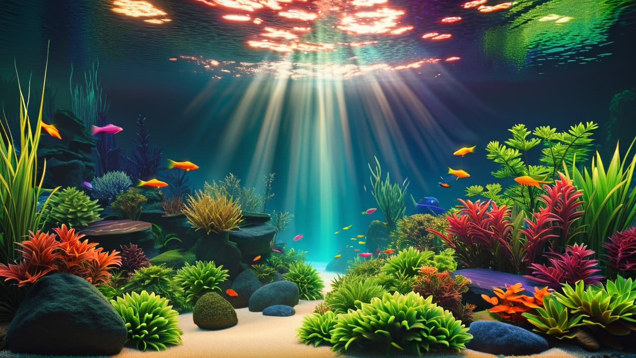  a vibrant aquarium filled with colorful fish, lush aquatic plants, and decorative stones, set against a softly lit background, showcasing the beauty of fishkeeping and the serenity of underwater life. hyperrealistic, full body, detailed clothing, highly detailed, cinematic lighting, stunningly beautiful, intricate, sharp focus, f/1. 8, 85mm, (centered image composition), (professionally color graded), ((bright soft diffused light)), volumetric fog, trending on instagram, trending on tumblr, HDR 4K, 8K