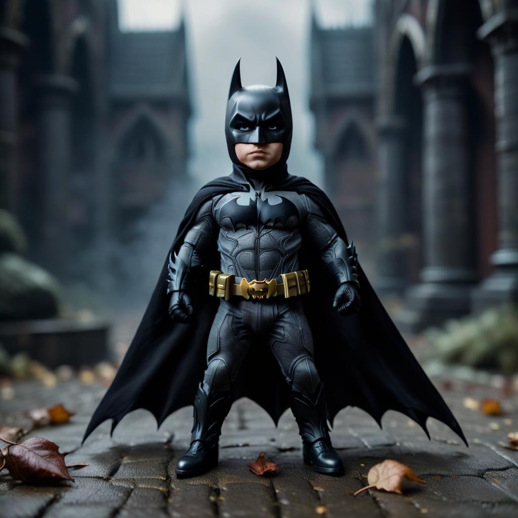  gothic style little batman . dark, mysterious, haunting, dramatic, ornate, detailed, perfecteyes hyperrealistic, full body, detailed clothing, highly detailed, cinematic lighting, stunningly beautiful, intricate, sharp focus, f/1. 8, 85mm, (centered image composition), (professionally color graded), ((bright soft diffused light)), volumetric fog, trending on instagram, trending on tumblr, HDR 4K, 8K