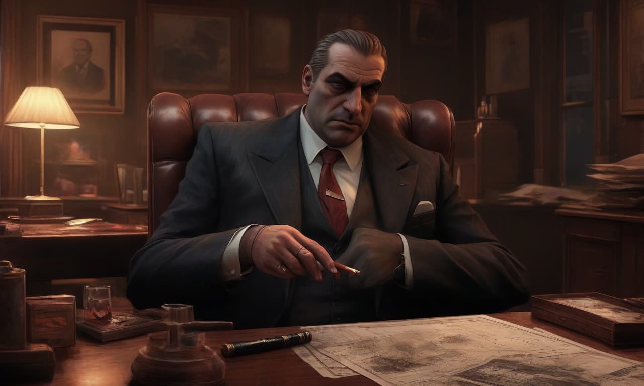  concept art on the right side of the frame we see a tired mafia don. he is sitting three quarters of the way across the table in a leather chair. the don is a large man, wearing a strict tuxedo and hat, holding a large cigar in his hands. on the table in front of him are blueprints, cash and an ashtray. the background is a dark office with cabinets, paintings and bloodstains in the corners, and night outside the window . digital artwork, illustrative, painterly, matte painting, highly detailed, perfect hands, on parchment