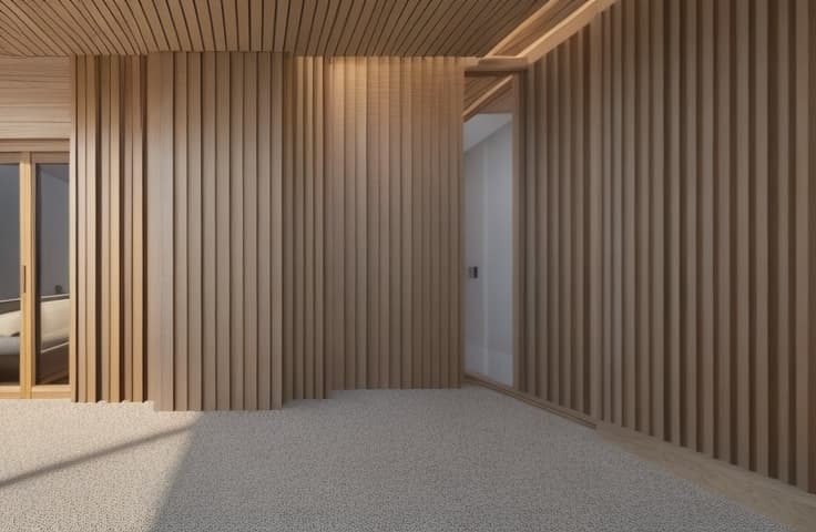  wooden slat wall panel. the panel is made of light colored wood, possibly oak, and features vertical slats with equal spacing between them. the slats are thin, elongated, and evenly distributed, creating a uniform pattern. the top of the panel is bordered by a smooth, flat piece of wood that runs vertcaly