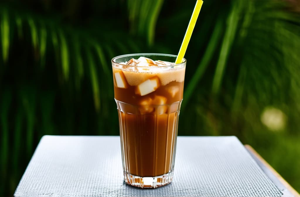  cold coffee with ice in a glass with a straw on a table against a background of greenery style raw ar 3:2 {prompt}, maximum details