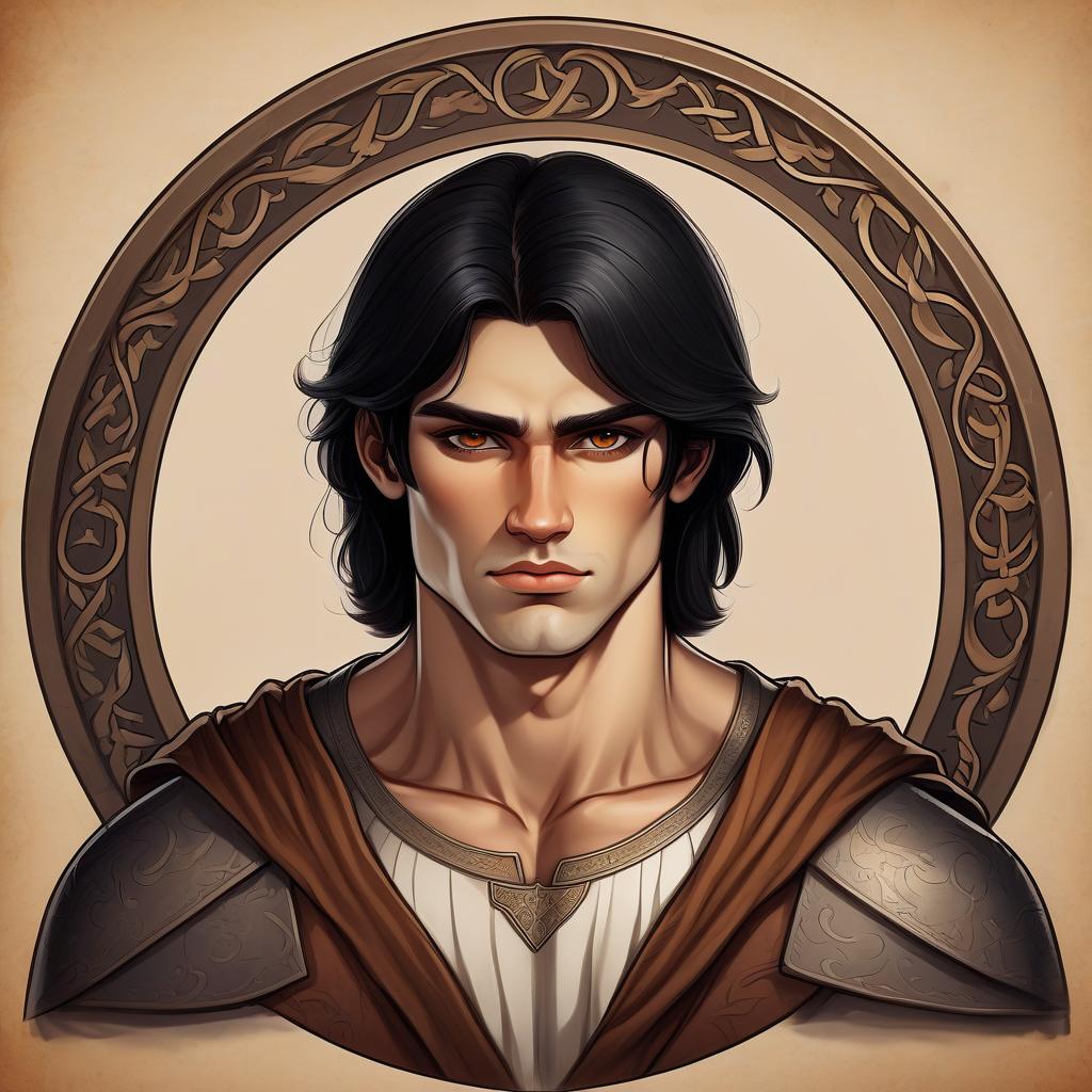  draw a guy a character with black hair long under a frame 19 years brown eyes light skin muscular face of an ordinary slavic chin round kinder look in the middle ages style of drawing