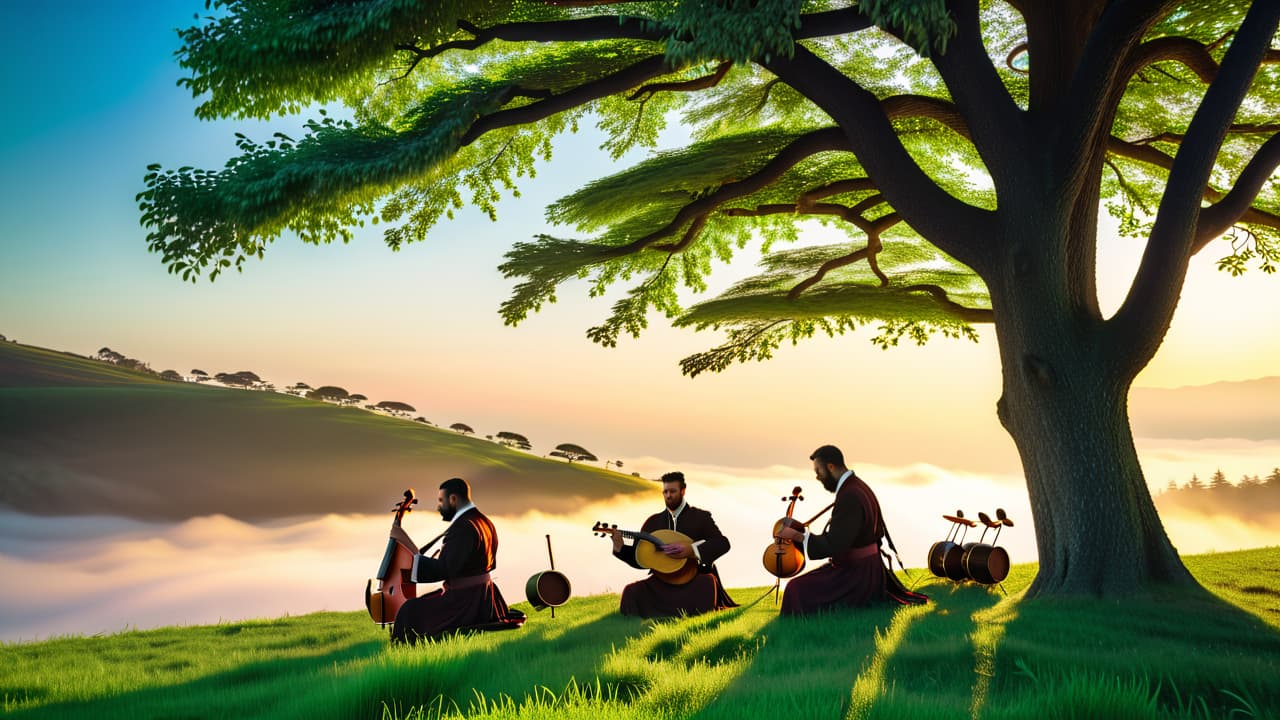  an ancient, serene landscape with a group of diverse musicians playing traditional instruments under a starlit sky, surrounded by lush greenery and a glowing, ethereal light symbolizing divine inspiration. hyperrealistic, full body, detailed clothing, highly detailed, cinematic lighting, stunningly beautiful, intricate, sharp focus, f/1. 8, 85mm, (centered image composition), (professionally color graded), ((bright soft diffused light)), volumetric fog, trending on instagram, trending on tumblr, HDR 4K, 8K