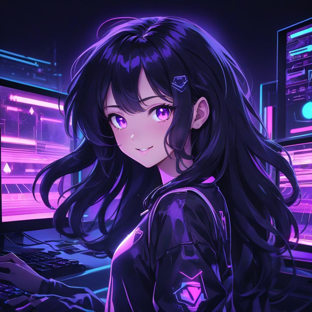  anime artwork a girl with long black hair and purple eyes, ( ( ( synthwave ) ) ), beautiful kawaii lighting, my computer icon, dark short curly hair smiling, ultra phonk, stream, on, kami, ( ( ( in a dark, glowy . anime style, key visual, vibrant, studio anime, highly detailed