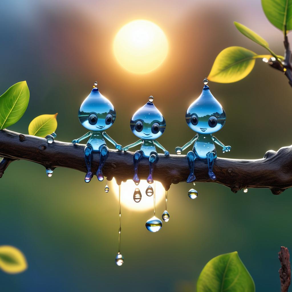  a hyper realistic and whimsical conceptual artwork of a couple of water droplets turned into fantasy water characters sitting on a tree branch watching the beautiful sunrise. uhq, hdr, c4d, ultra detailed macro., high quality, high details, hd, perfect composition, 4k epic detailed, highly detailed, sharp focus, high resolution