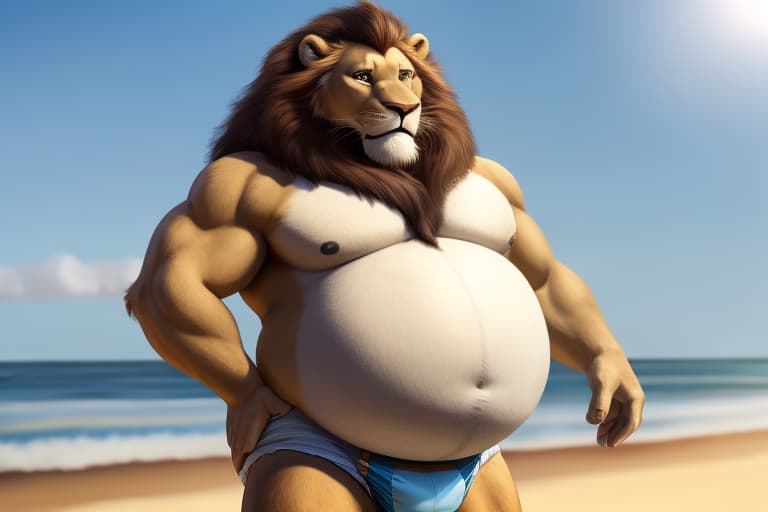  elderly male lion, grey muzzle, large belly, wearing a drooping diaper, standing on the beach, art style of anhes, open eyes, masterpiece, 4k, fine details,