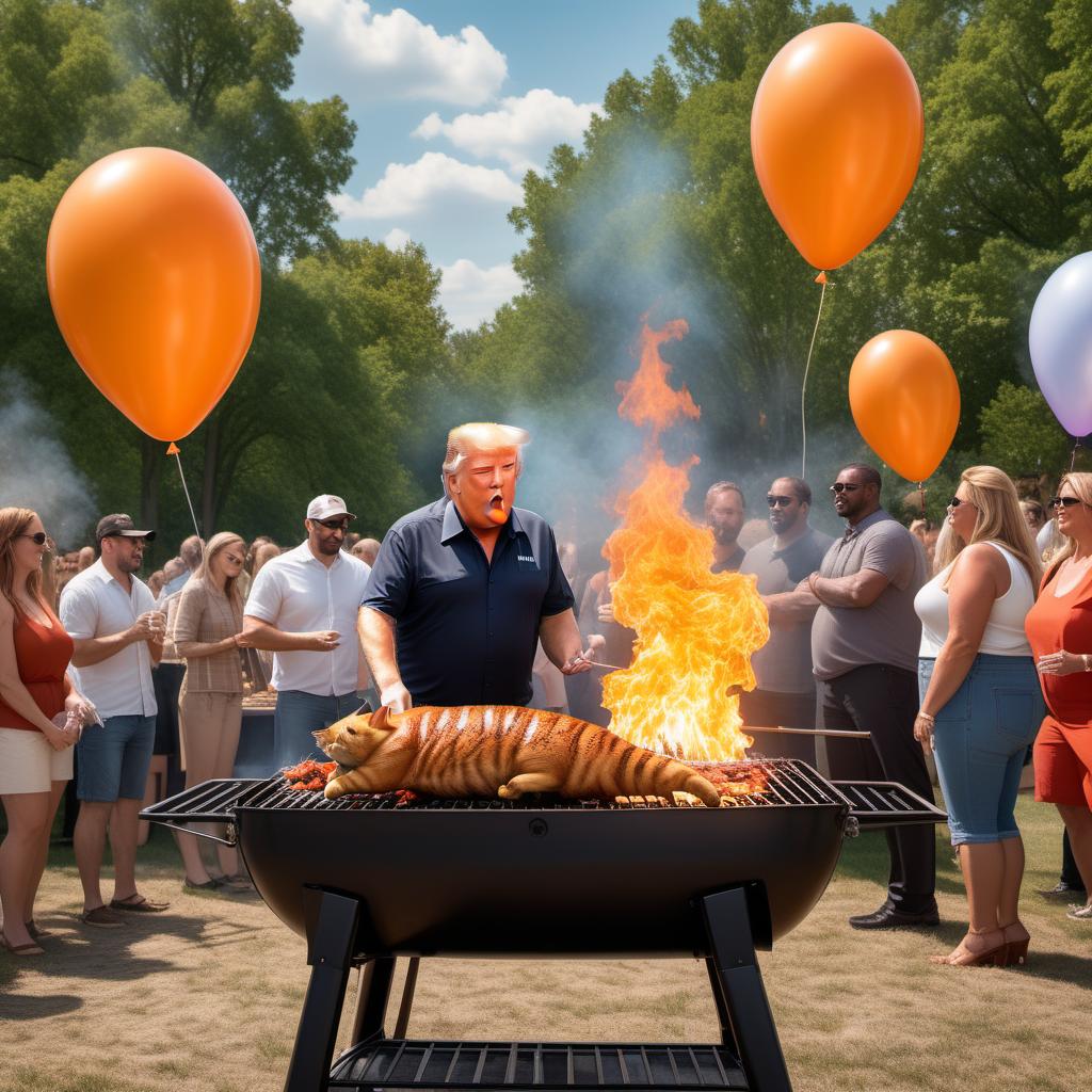  Donald Trump as a fat cat on a BBQ spit from a different angle with the caption: 'Here in Springfield Ohio enjoying at Cat BBQ with some of my MAGA friends.' The scene includes a large, plump orange cat with a recognizable Trump hairstyle and facial expression, slowly rotating on a BBQ spit over a fire. The new angle should show the cat from the side, highlighting the BBQ spit and flames more prominently. The background includes a festive outdoor BBQ setting with people in the background appearing surprised and amused, picnic tables, balloons, and a sunny park setting. hyperrealistic, full body, detailed clothing, highly detailed, cinematic lighting, stunningly beautiful, intricate, sharp focus, f/1. 8, 85mm, (centered image composition), (professionally color graded), ((bright soft diffused light)), volumetric fog, trending on instagram, trending on tumblr, HDR 4K, 8K