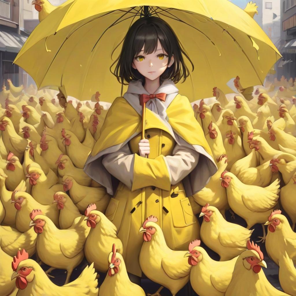  the girl covered with an umbrella of yellow chickens