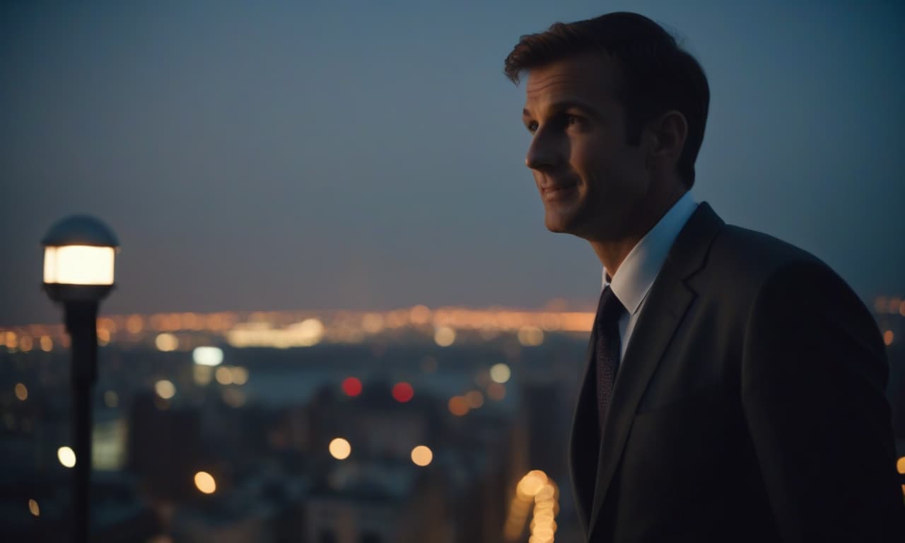  cinematic film still sunrise in the background, a piece of sun is visible, in the foreground on the side of the right, a man in a suit is pushed halfway from behind the frame, looks at the camera, his face is illuminated by a searchlight from the front, slightly smiles, a close up face, photorealism, in the background the silhouette of the city in a blurred focus, colored blurred lights of advertisements in the metropolis in the background, slightly dark. . shallow depth of field, vignette, highly detailed, high budget, bokeh, cinemascope, moody, epic, gorgeous, film grain, grainy