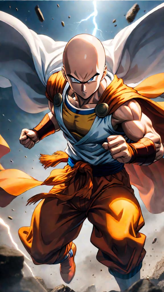  anime art of saitama showcasing limitless strength, contrasting with goku's ever evolving power in a legendary clash. hyperrealistic, full body, detailed clothing, highly detailed, cinematic lighting, stunningly beautiful, intricate, sharp focus, f/1. 8, 85mm, (centered image composition), (professionally color graded), ((bright soft diffused light)), volumetric fog, trending on instagram, trending on tumblr, HDR 4K, 8K