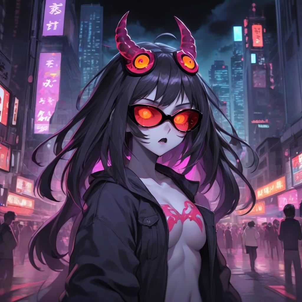  middle plan, woman standing in the middle of the night city, demonic face with glowing eyes, cool sunglasses, global coverage of rossdraws, expression of the evil eye, high tech luciferian synthetics, glowing colors, mask covers her entire face inspired by kano hogai, hyperbeast design. anime 2 0 1 9, key frame of the anime, tatsumaki, pseudonym, author zhou jichan, epic comic book art, , angry gorgeous madness, evil laughter, evil laughter, 2 xiny, evil faced, a glow facedish, 2 facedish facedish, evil s, black facedish facedish faced (s)