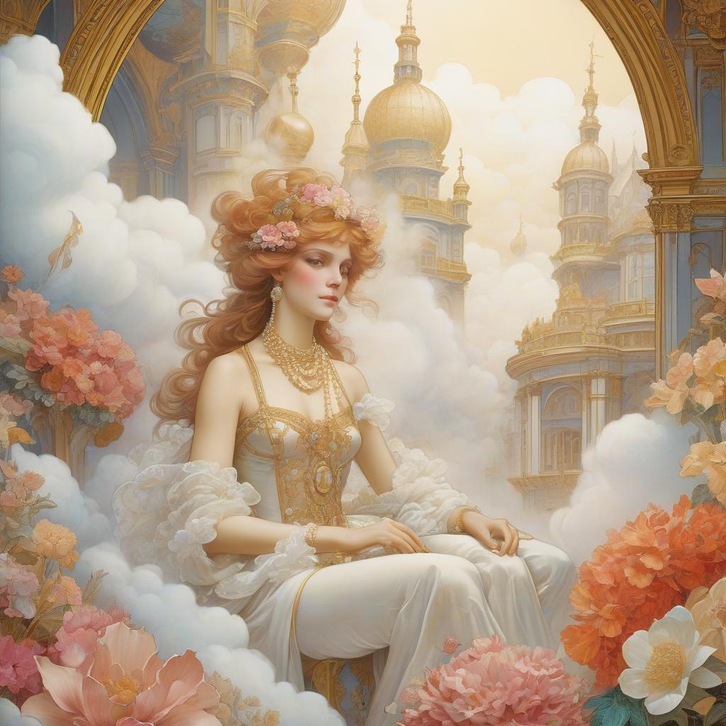  fog city. golden city. a large palace surrounded by clouds. coloring book. flowers. pearls. some multicolored porridge. luminous pearls. alfonso mucha, honoré fargonard, edward gow, andrew jones.