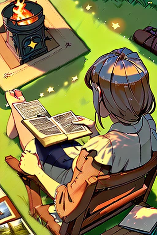  high detail, the girl sits by the fire and flips through the family album, on the grass there is a smartphone, summer, earlier morning, in the sky of a star, next to a wolf