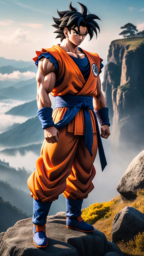  yamcha from dragon ball standing on a cliff, wind rustling his hair, lost in deep thought, anime art hyperrealistic, full body, detailed clothing, highly detailed, cinematic lighting, stunningly beautiful, intricate, sharp focus, f/1. 8, 85mm, (centered image composition), (professionally color graded), ((bright soft diffused light)), volumetric fog, trending on instagram, trending on tumblr, HDR 4K, 8K