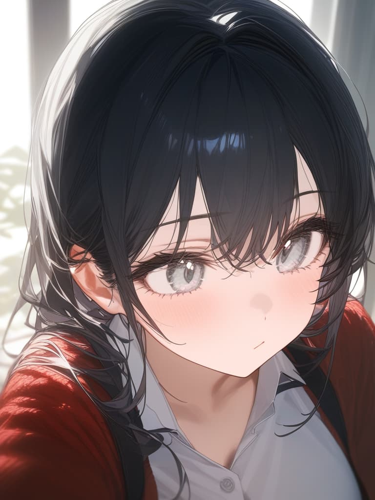  girls, jit eyes, girls, white shirts, blue ribbon uniforms, sweater cardigan, black hair, pierced rings, silver rings, white eyes, white eyes, masterpiece, best quality,8k,ultra detailed,high resolution,an extremely delicate and beautiful,hyper detail