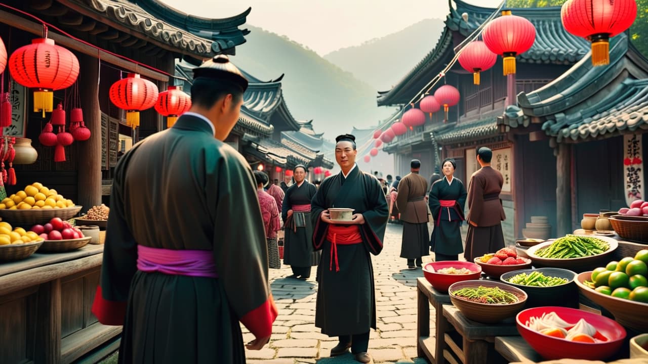  @ image prompt: a vibrant scene depicting a traveler engaging with local culture in china, exploring a bustling street market filled with food stalls, participating in a traditional tea ceremony, surrounded by stunning landscapes like the great wall and serene rivers, all showcasing the beauty of curiosity and exploration. hyperrealistic, full body, detailed clothing, highly detailed, cinematic lighting, stunningly beautiful, intricate, sharp focus, f/1. 8, 85mm, (centered image composition), (professionally color graded), ((bright soft diffused light)), volumetric fog, trending on instagram, trending on tumblr, HDR 4K, 8K