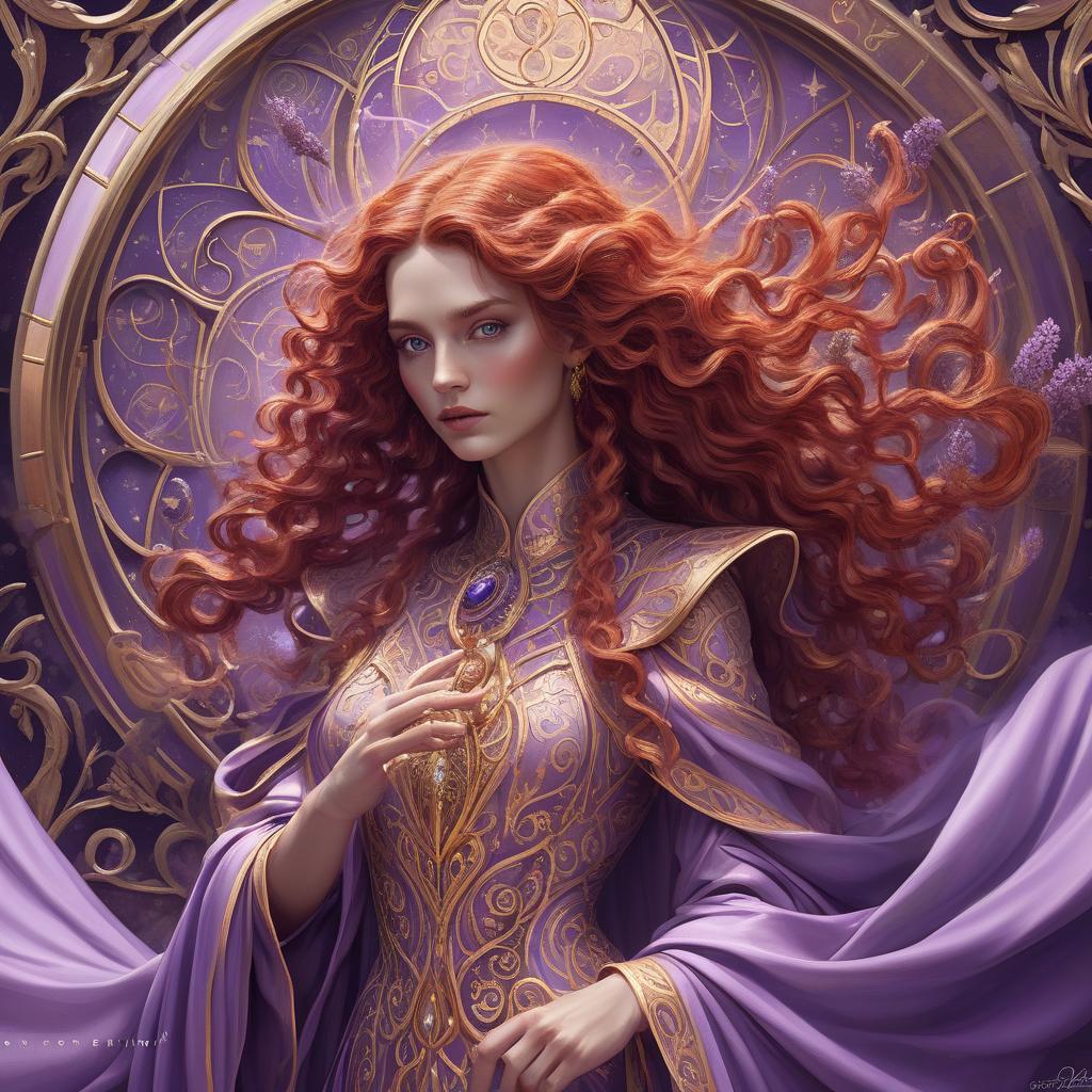  concept art a sorceress of time, long crimson pre raphaelite style hair with curls forming fibonacci spirals, robed in a lavender gown that flows like liquid gold, intricate and luxurious, a vision of beauty that defies the ages. opalescent, pearlescent, prismatic, luminescent, zentangle, filigree, molten gold, masterpiece museum quality, by josephine y this portrait combines the mystique of ancient deities with the grace of modern aesthetics, inviting the viewer into a world where magic reigns supreme. chaos 40 ar 3:4 stylize 800, trending on artstation, sharp focus, studio photo, intricate details, highly detailed, by greg rutkowski . digital artwork, illustrative, painterly, matte painting, highly detailed