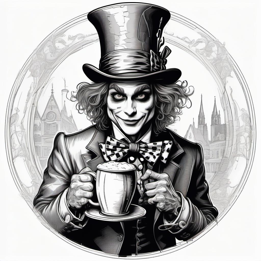  line art drawing black and white sketch in a round frame on a white background, horror hatter with a large mug of beer in his right hand, engraving, horror . professional, sleek, modern, minimalist, graphic, line art, vector graphics